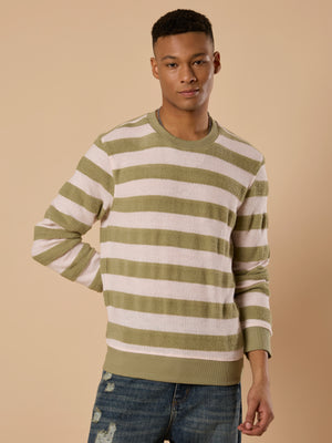 men's green stripped crew neck sweater , blended from cotton and polyster.
