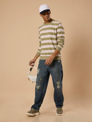 men's green stripped crew neck sweater , blended from cotton and polyster.
