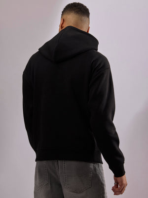 men's black long sleeve hoodie with minimal print, cotton and polyster blended.