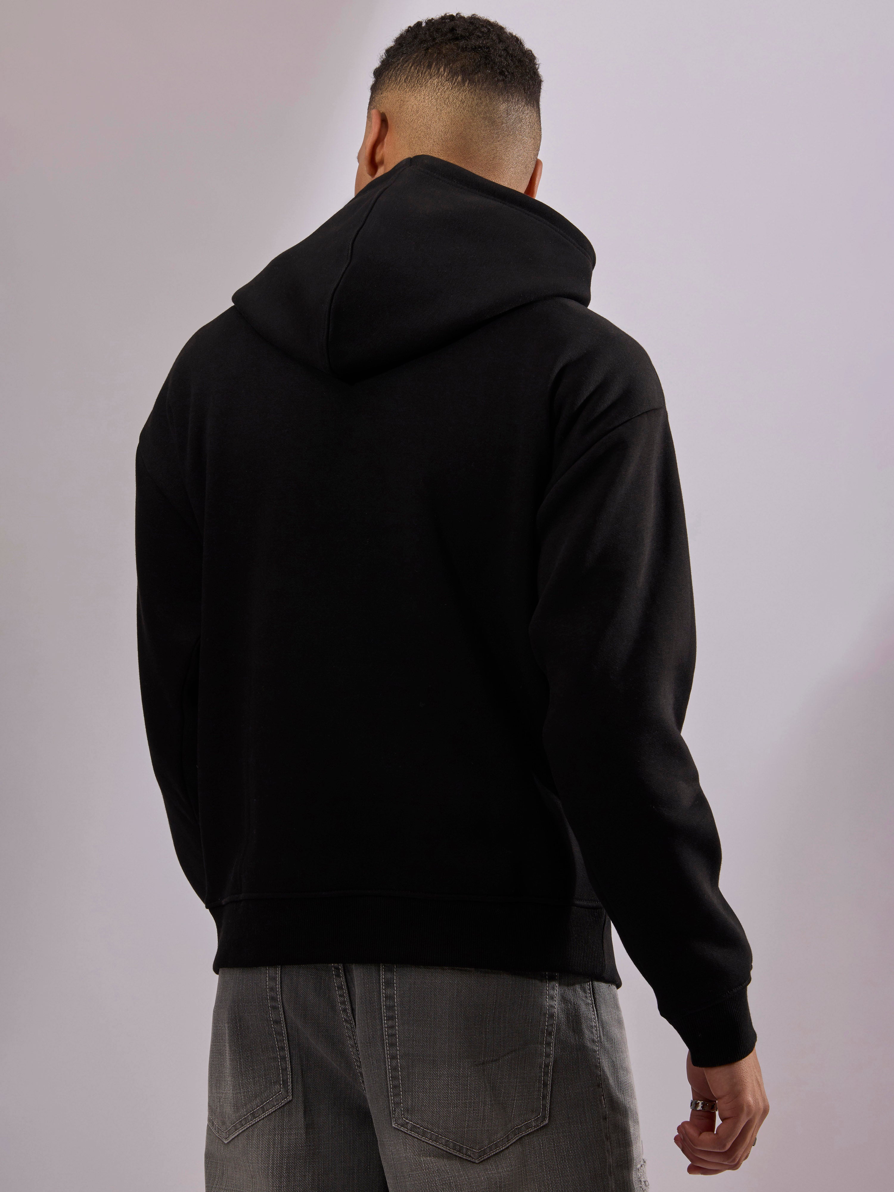 men's black long sleeve hoodie with minimal print, cotton and polyster blended.
