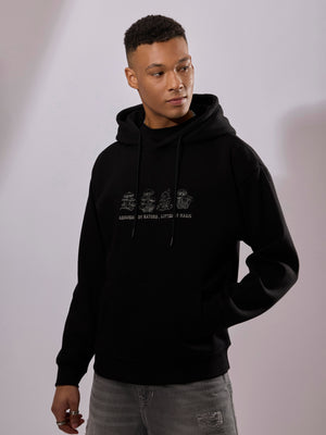 men's black long sleeve hoodie with minimal print, cotton and polyster blended.
