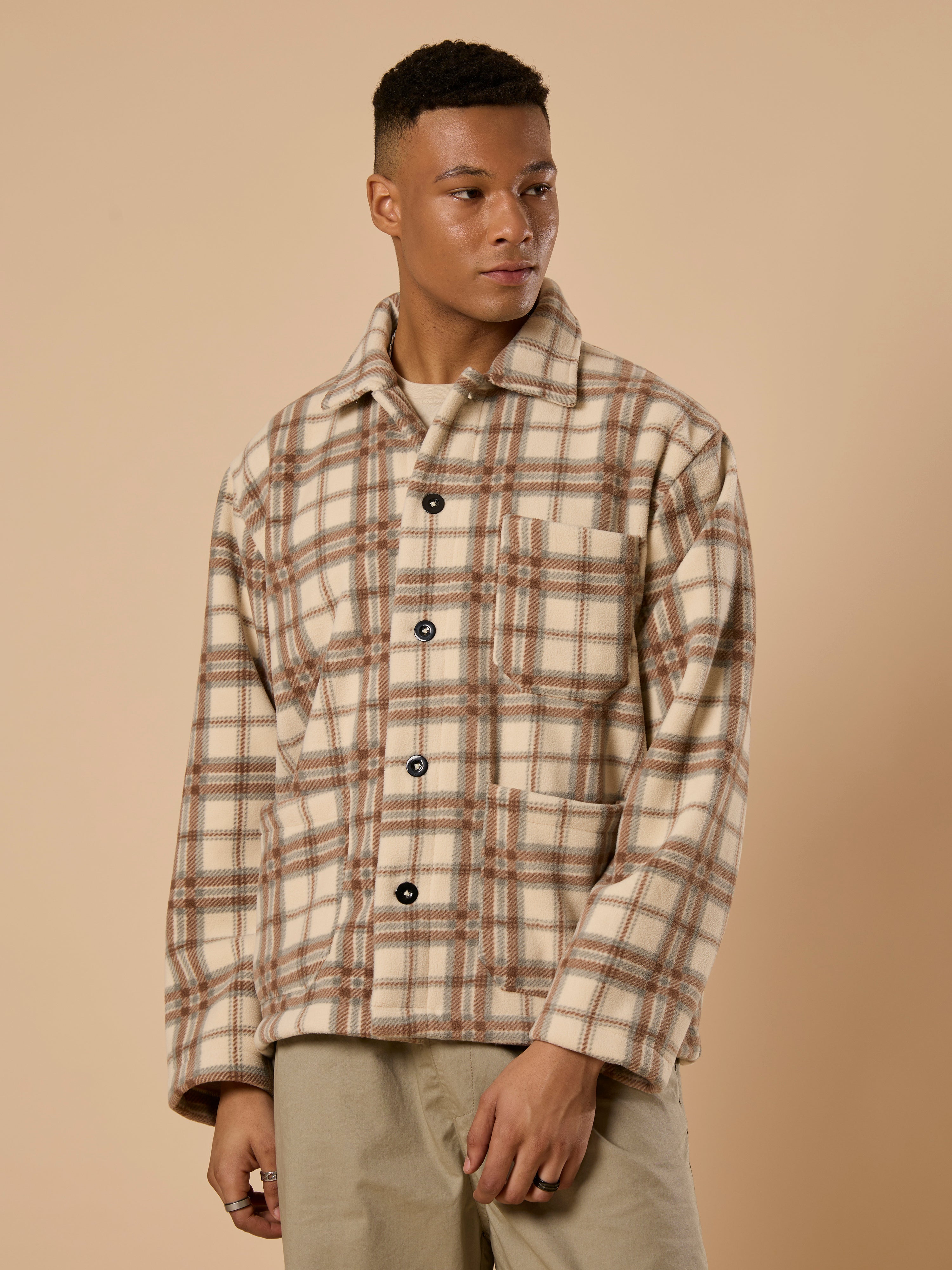 men's biege checked fleece shacket with cotton and polyster belnded  fabric.
