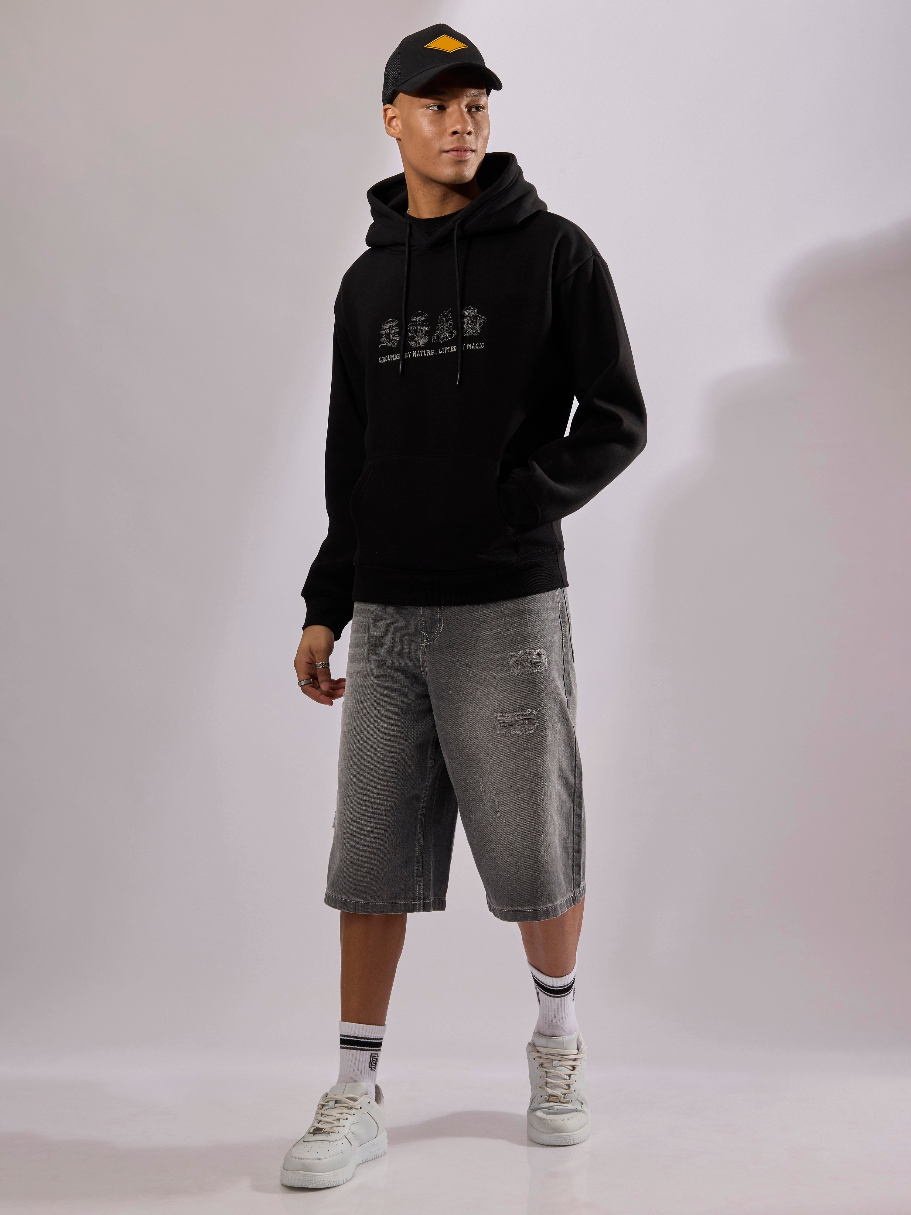 men's black long sleeve hoodie with minimal print, cotton and polyster blended.