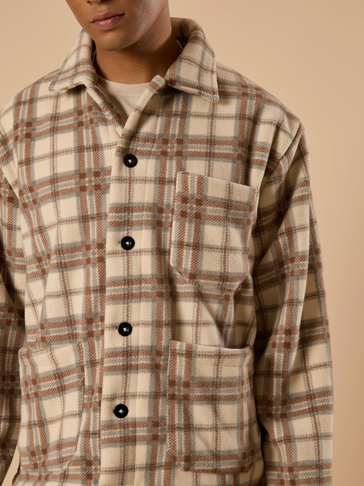 Sherly - Relaxed checked Fleece Shacket - Beige - Espanshe
