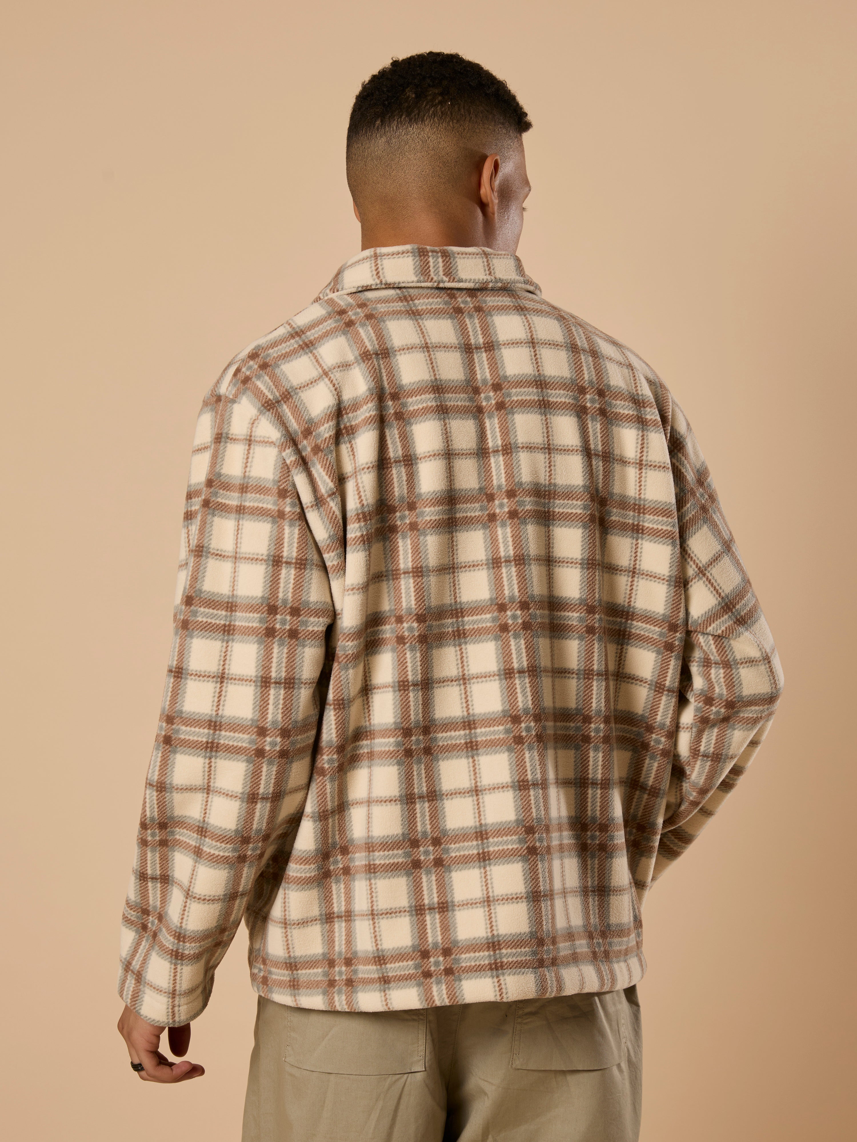 men's biege checked fleece shacket with cotton and polyster belnded  fabric.
