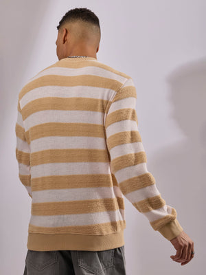 men's orange stripped crew neck sweater , blended from cotton and polyster.
