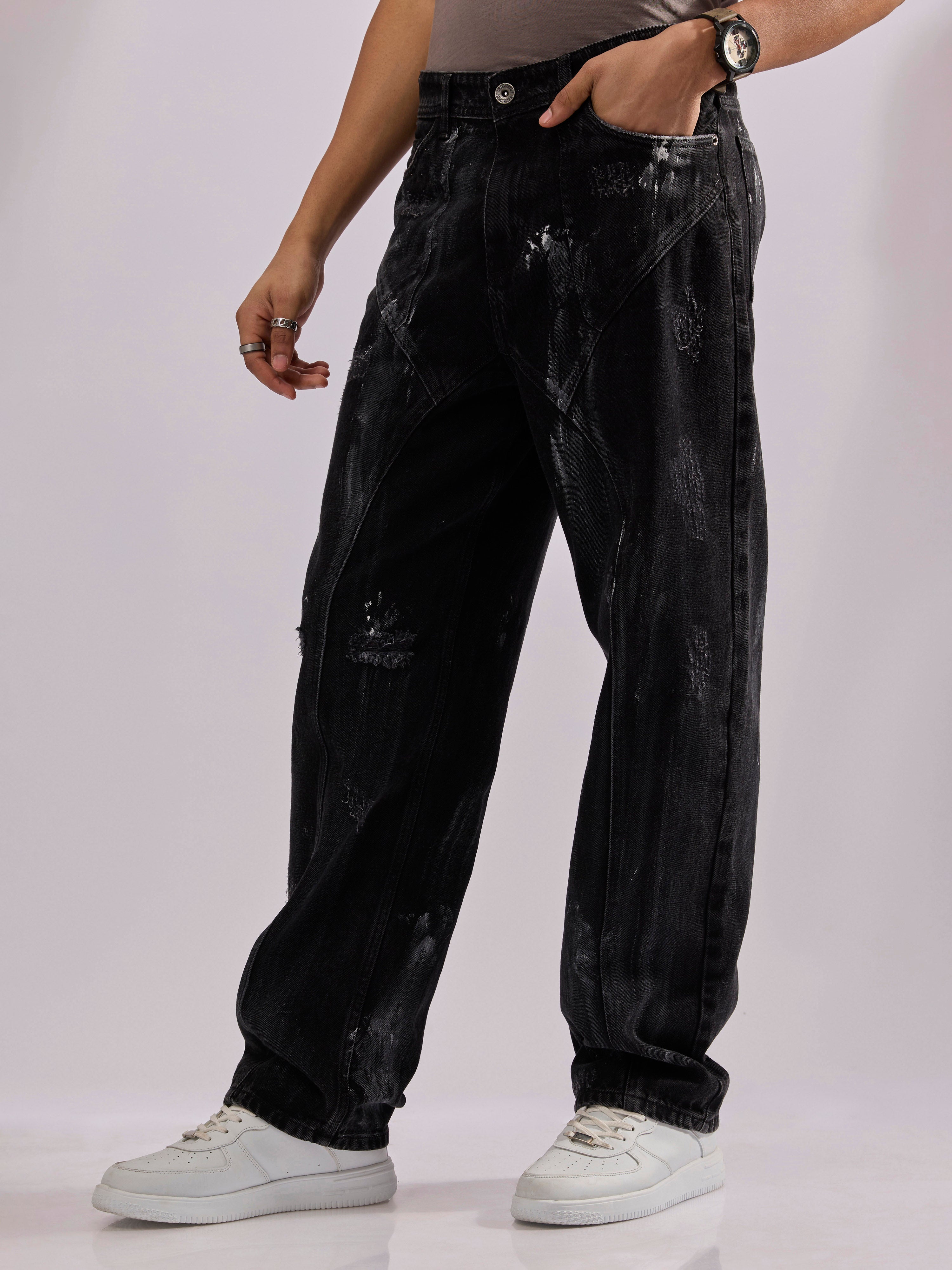 men's black relax fit jeans made from durable denim .
denim jeans for men