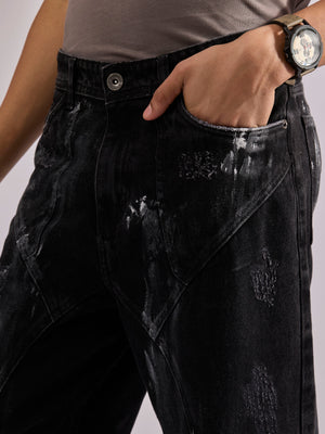 men's black relax fit jeans made from durable denim .
denim jeans for men