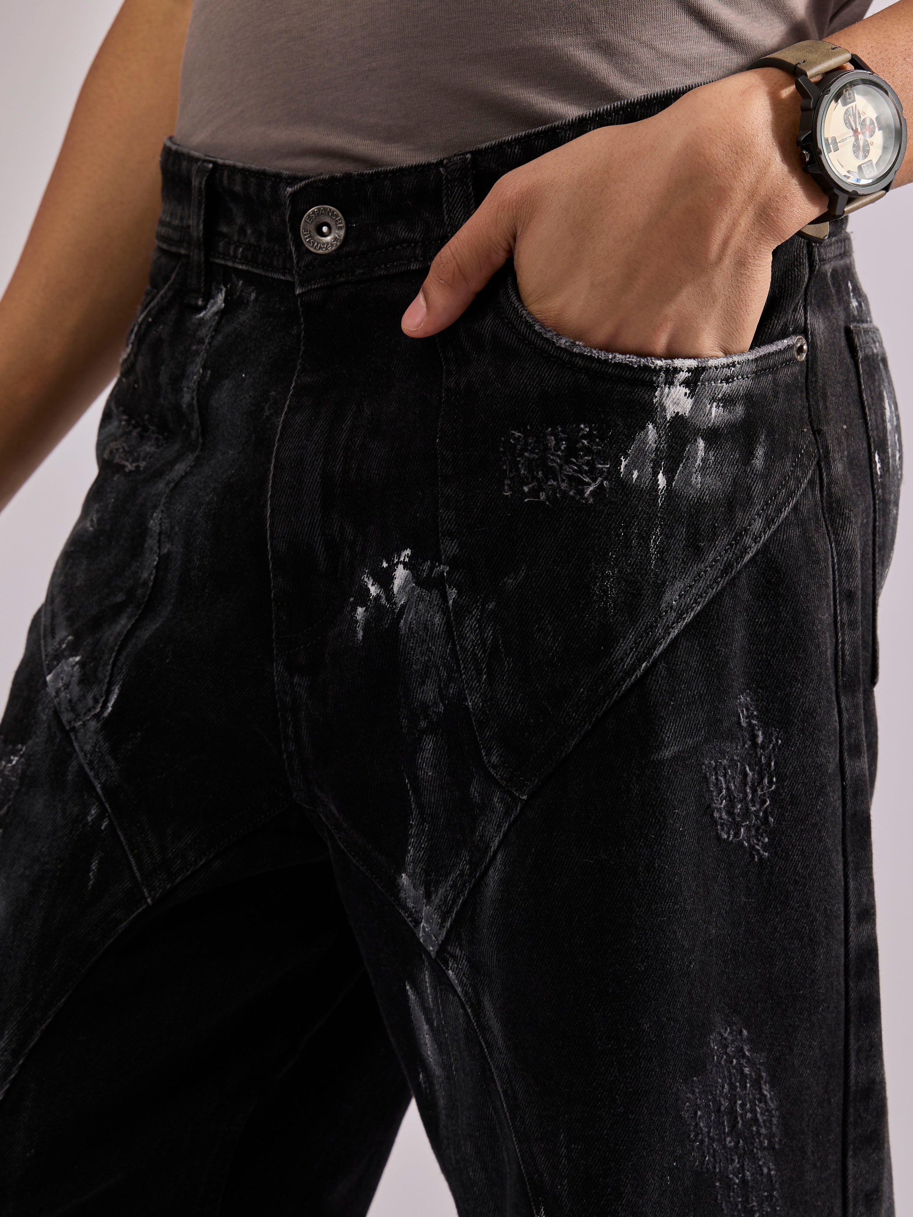 men's black relax fit jeans made from durable denim .
denim jeans for men