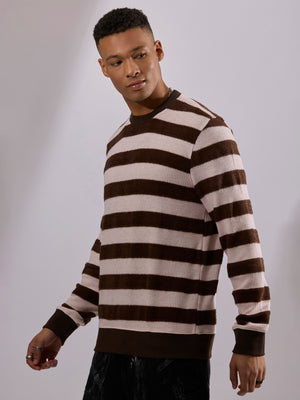 men's dark brown stripped crew neck sweater , blended from cotton and polyster.
