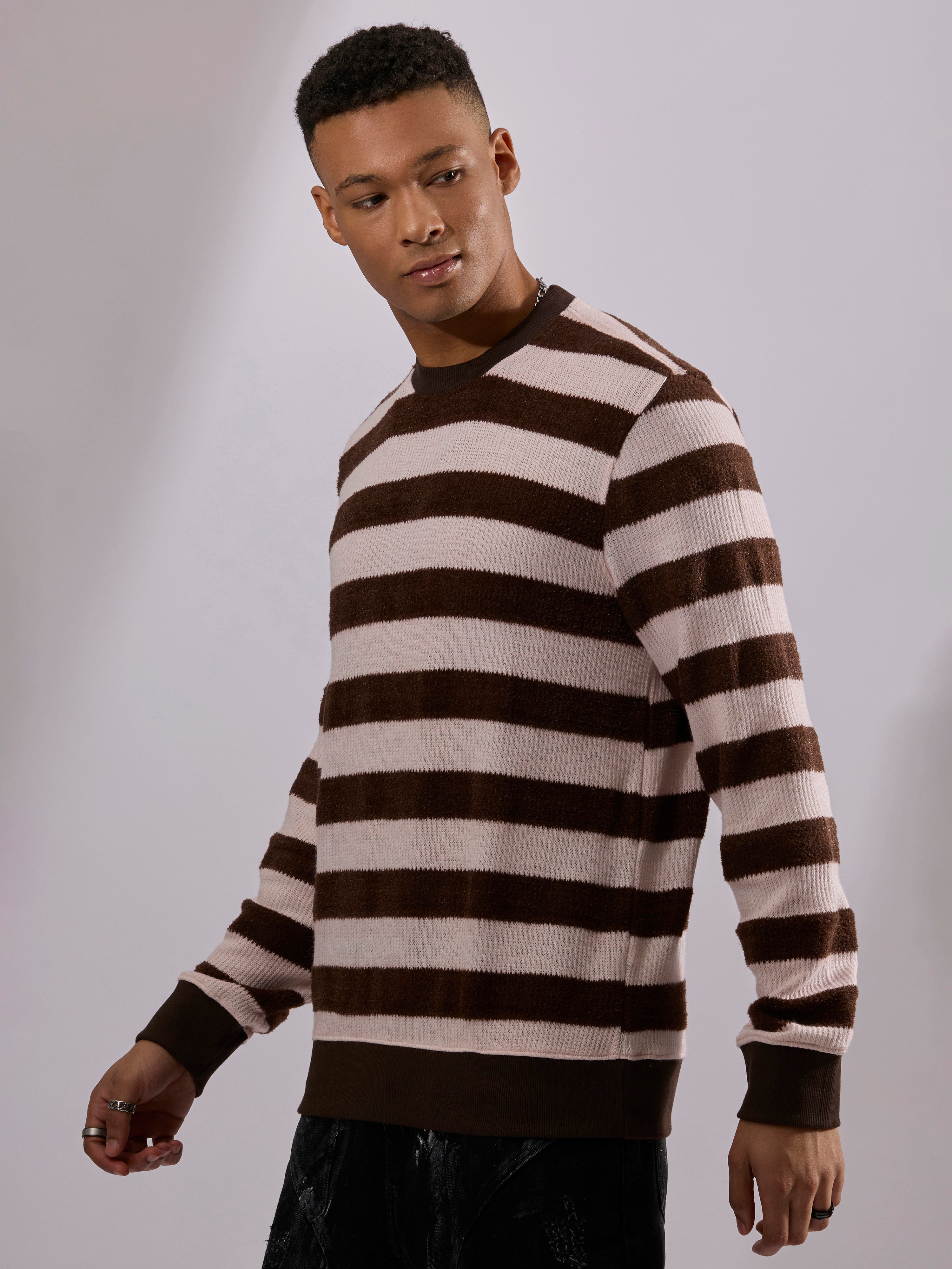 men's dark brown stripped crew neck sweater , blended from cotton and polyster.
