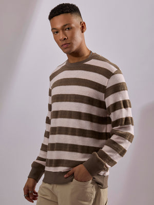 men's black stripped crew neck sweater , blended from cotton and polyster.
