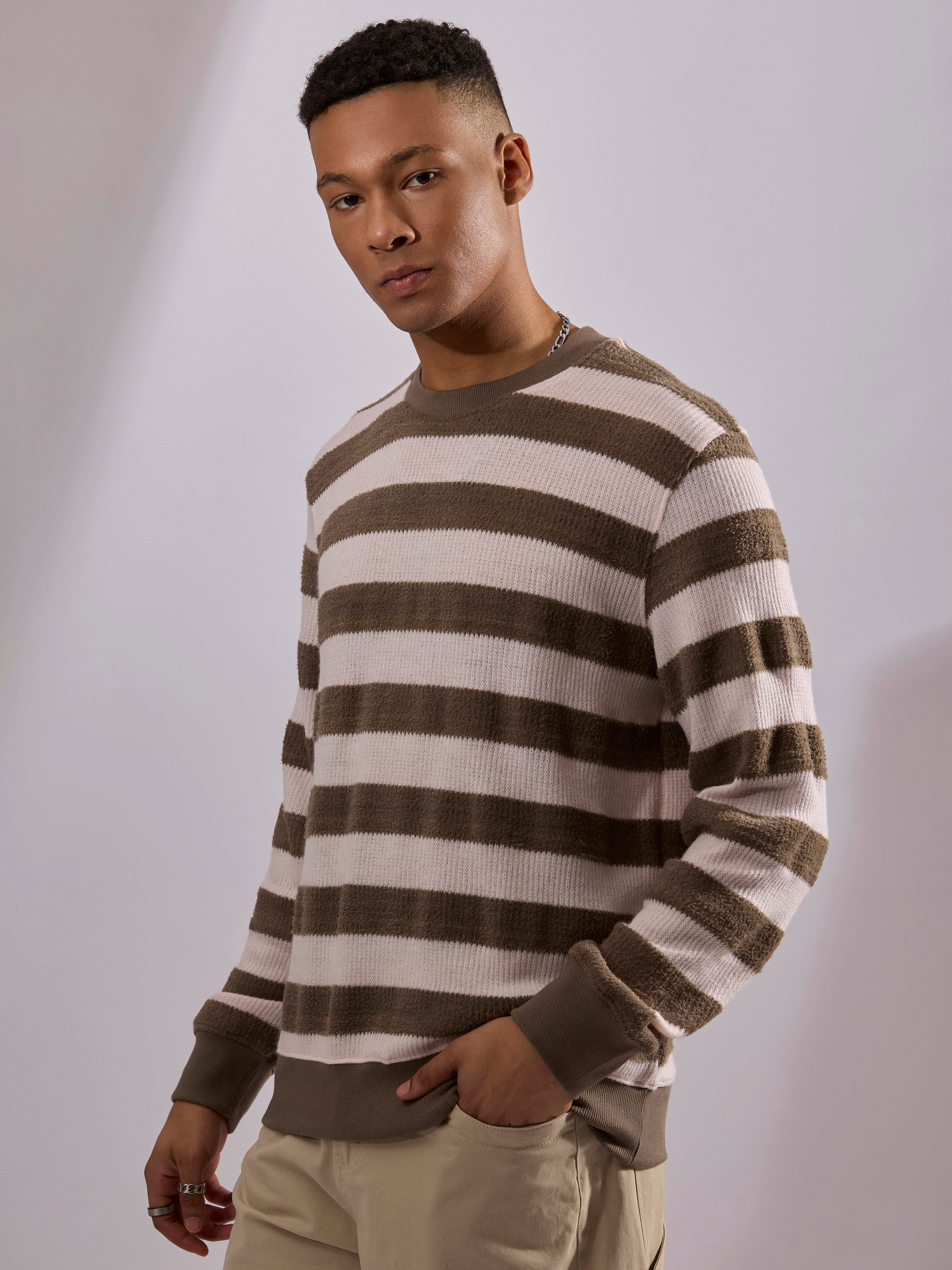 men's black stripped crew neck sweater , blended from cotton and polyster.
