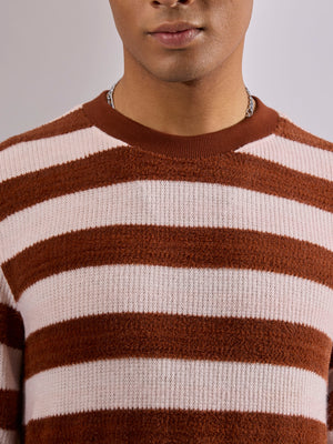 men's brick red stripped crew neck sweater , blended from cotton and polyster.
