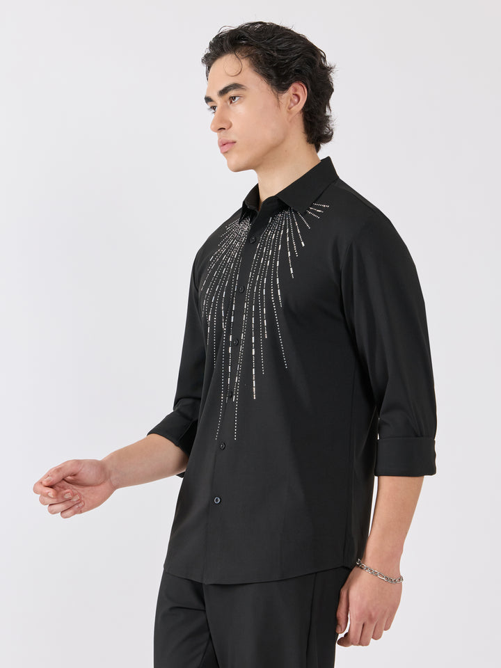 men's shirt -shimmer line Embellished with stone in black
