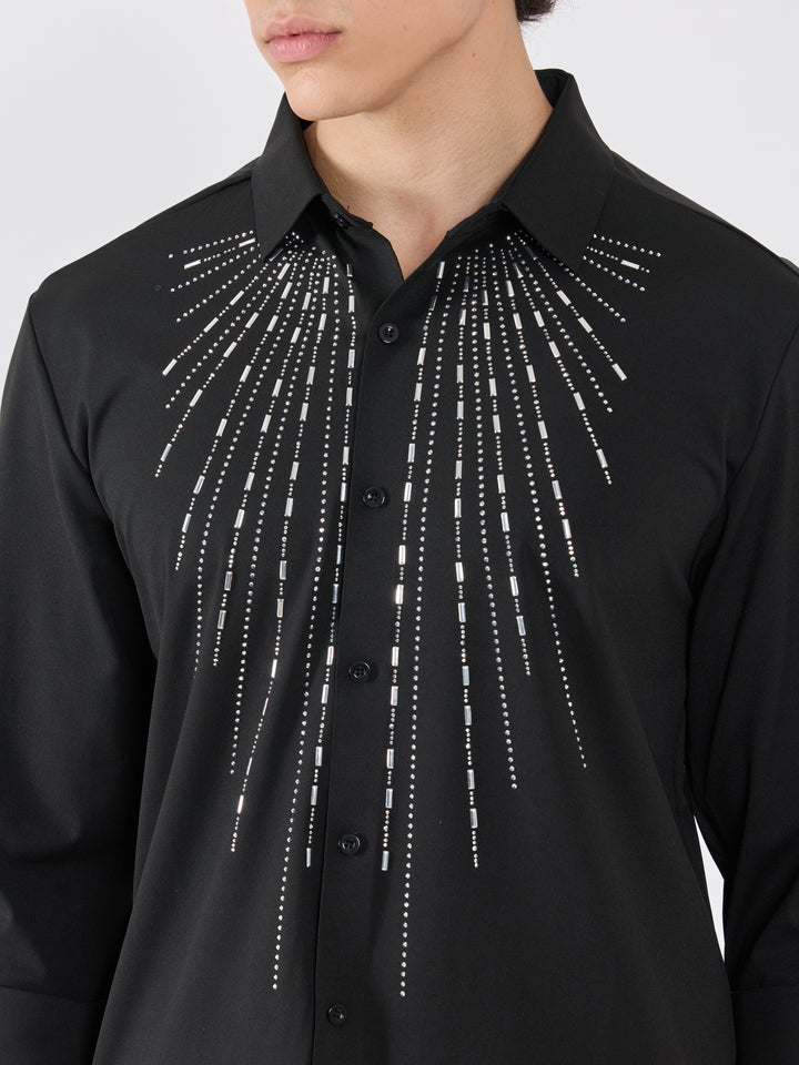 men's shirt -shimmer line Embellished with stone in black