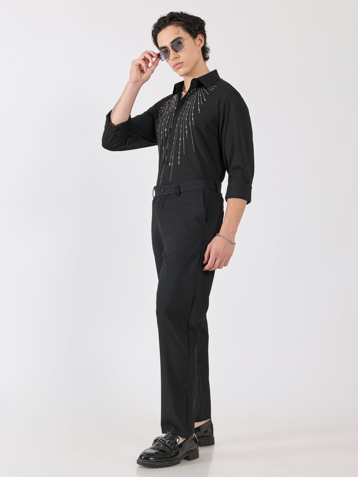 men's shirt -shimmer line Embellished with stone in black
