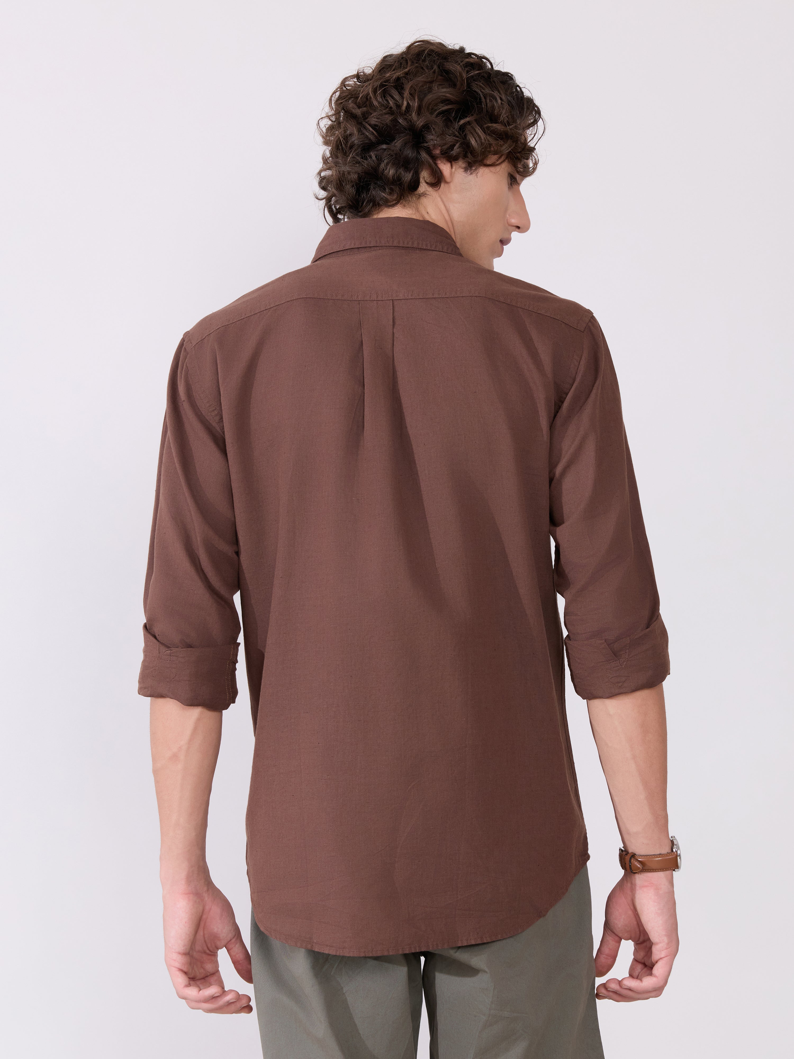  Men's Comfort Fit Dark Brown Linen Shirt
