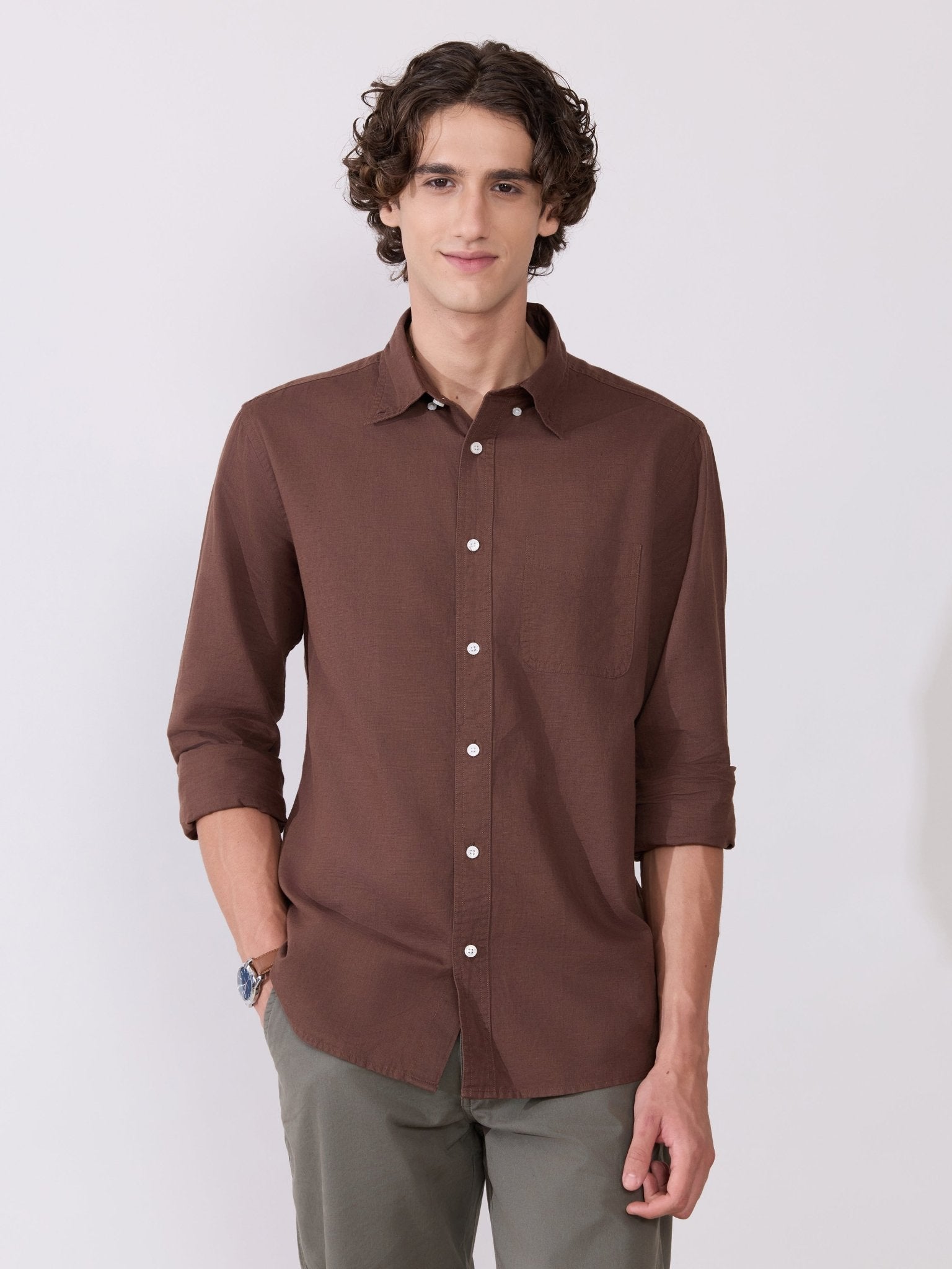 Taliko - Comfort Fit Dark Brown Linen Shirt - Espanshe