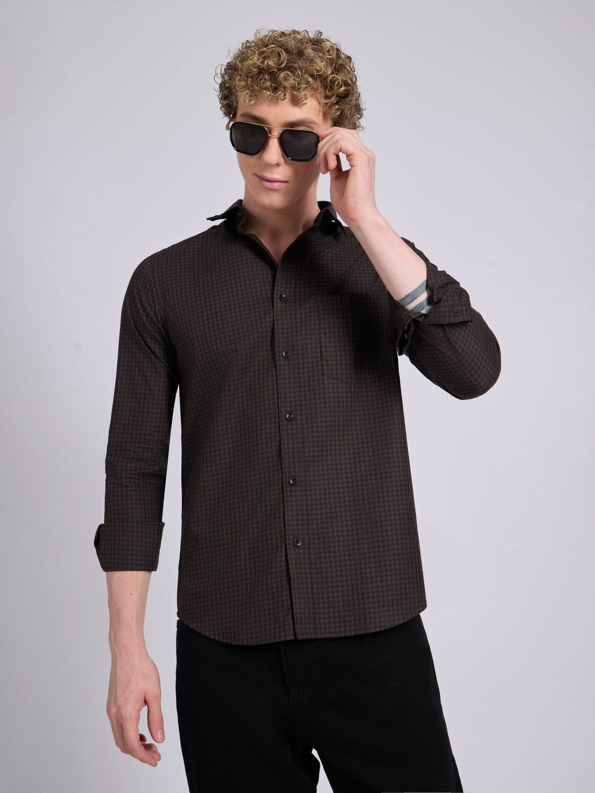 Quint - Micro Check Shirt - Dark Brown - Espanshe