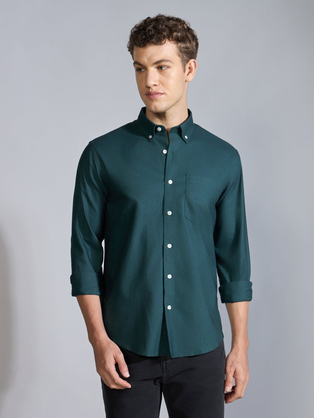 Orbit - Relaxed Fit Oxford Shirt With Elbow Patch - Dark Green - Espanshe