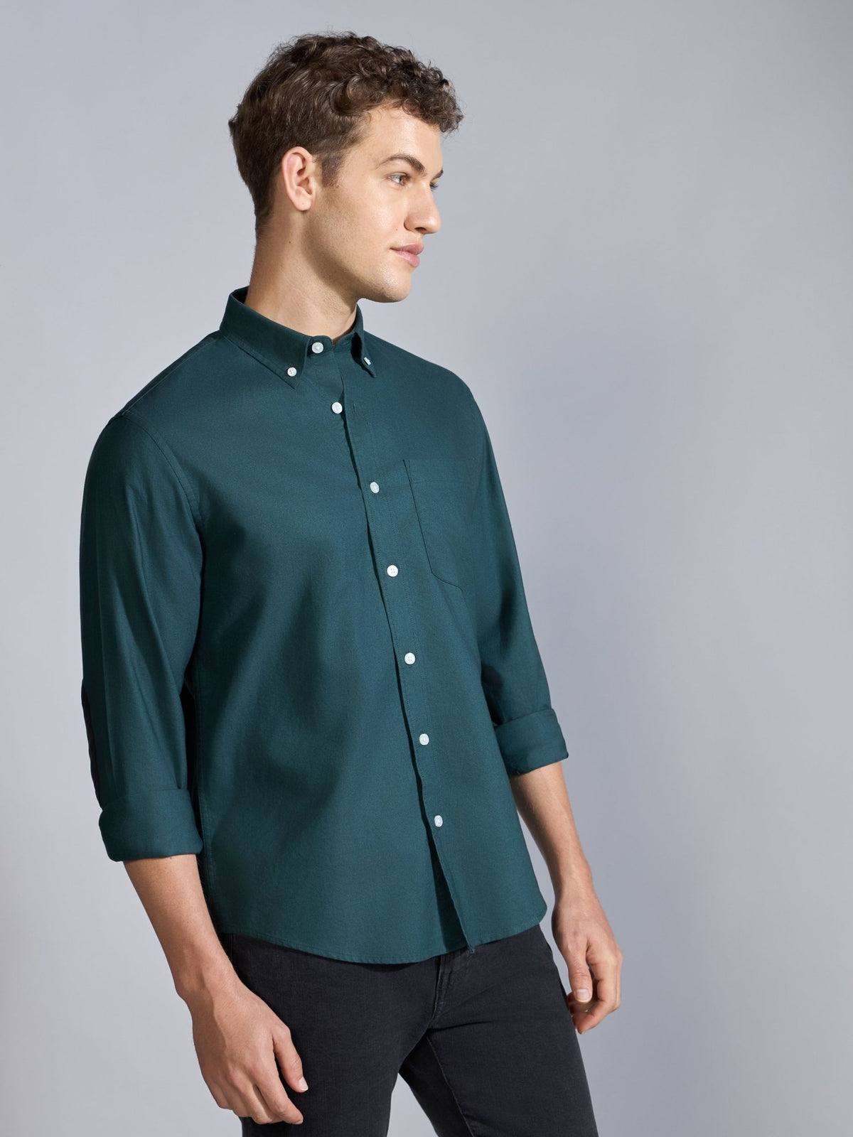 Orbit - Relaxed Fit Oxford Shirt With Elbow Patch - Dark Green - Espanshe