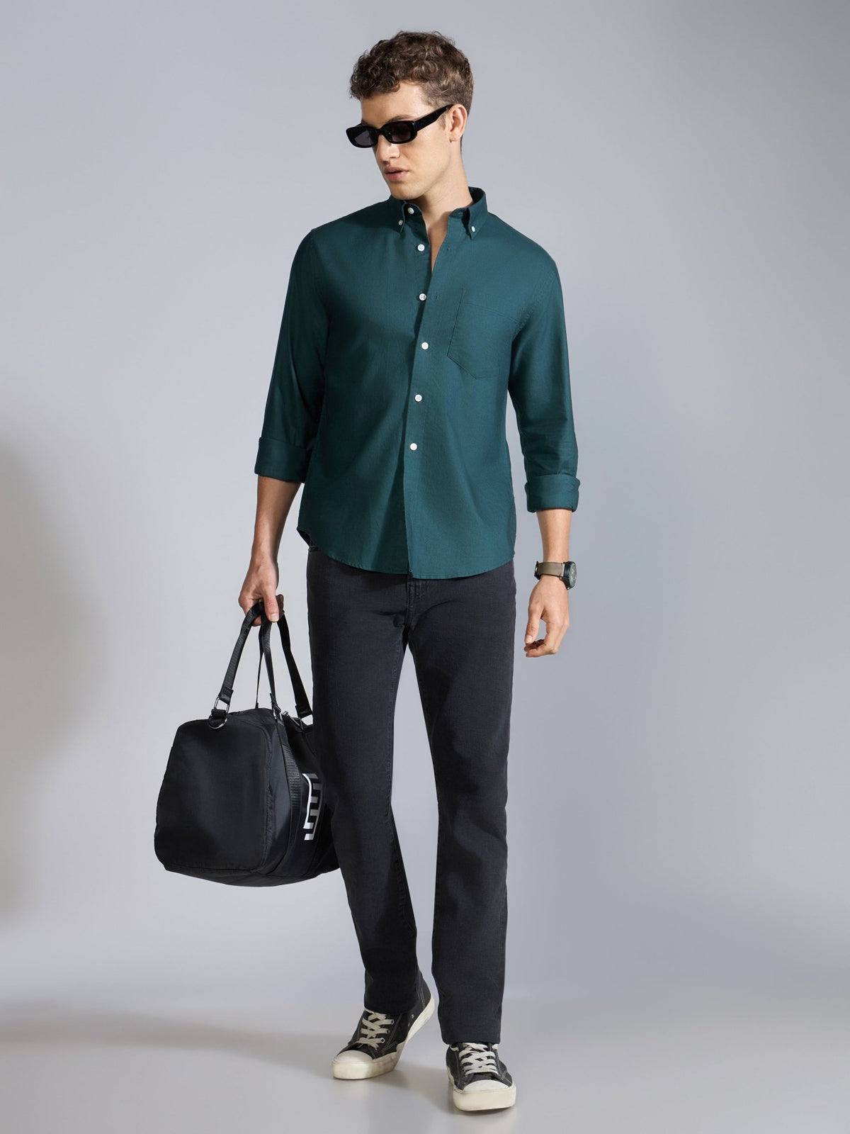 Orbit - Relaxed Fit Oxford Shirt With Elbow Patch - Dark Green - Espanshe