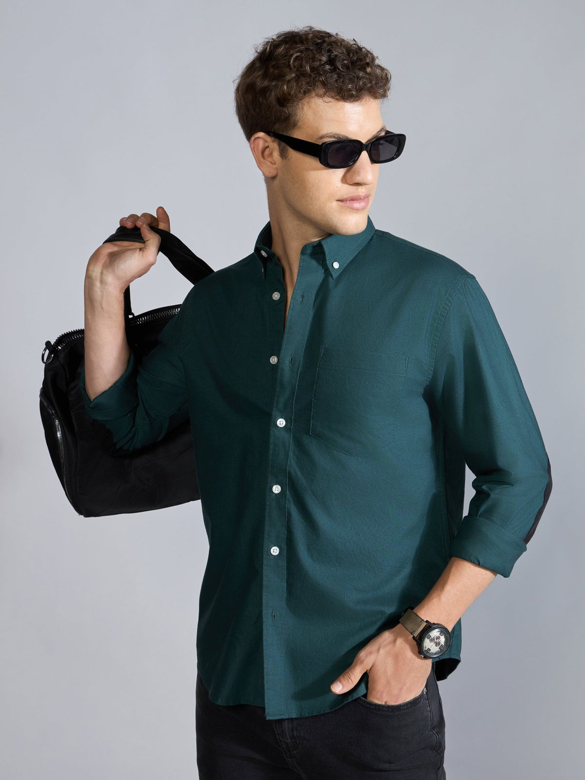 Orbit - Relaxed Fit Oxford Shirt With Elbow Patch - Dark Green - Espanshe