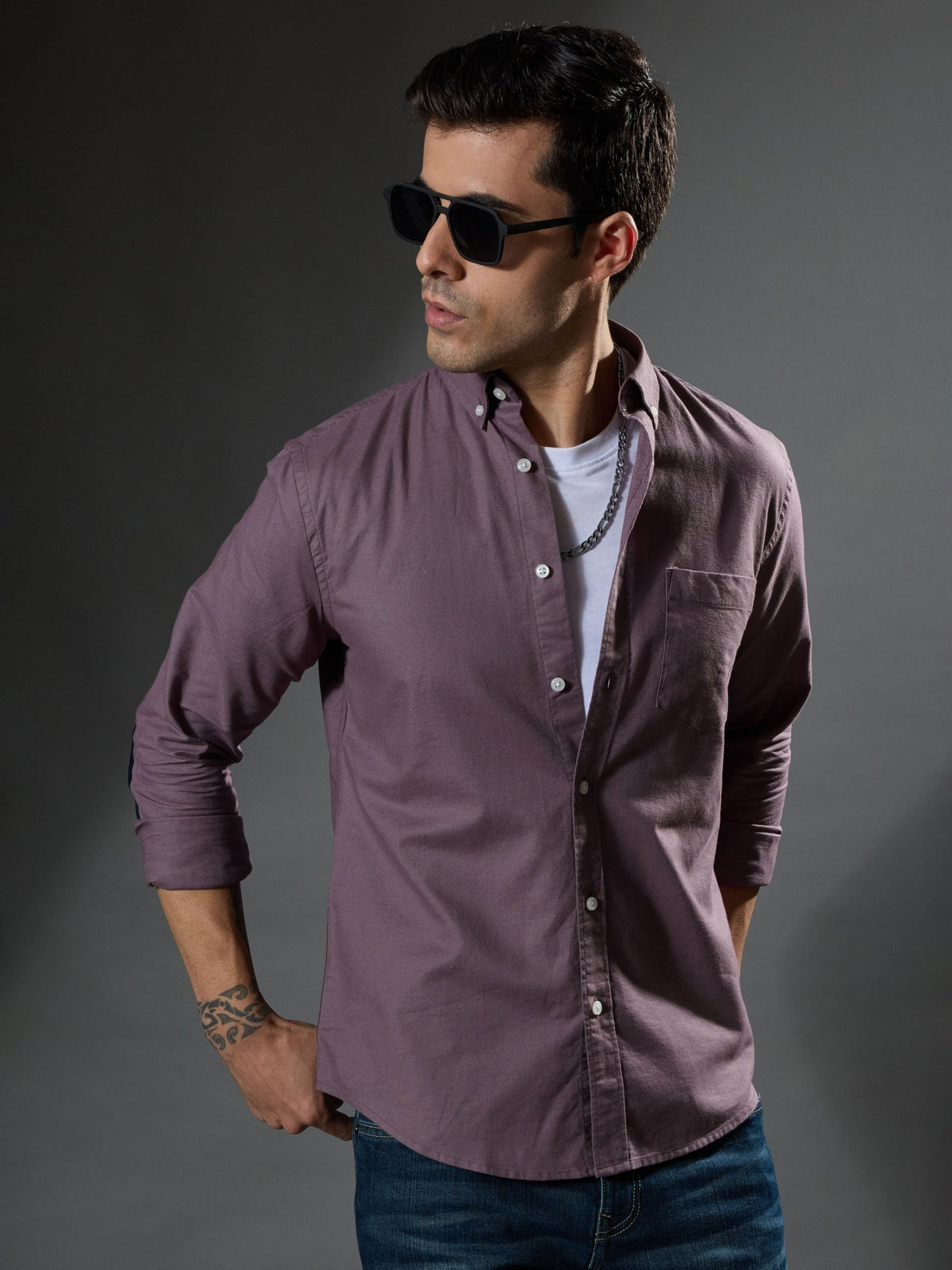 Classy - Turkish Fit Shirt With Elbow Patch - Pale Purple - Espanshe