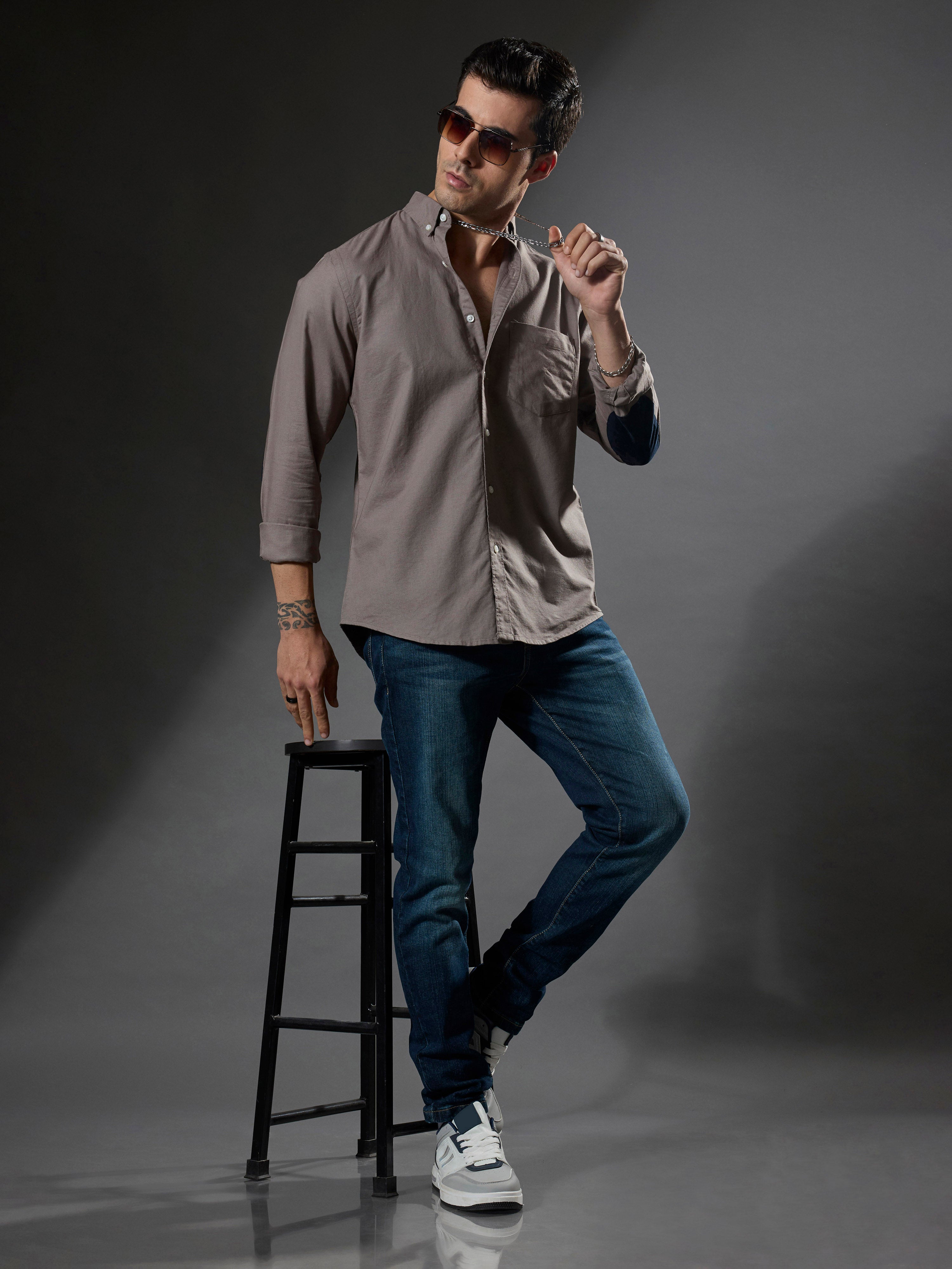 men's dark gray Turkish fit cotton shirt with breast pockets and elbow patches
men's shirt latest collection