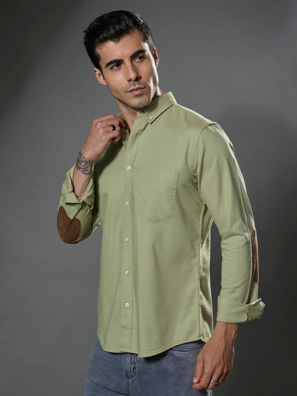 Classy - Turkish Fit Shirt With Elbow Patch - Pastel Green - Espanshe