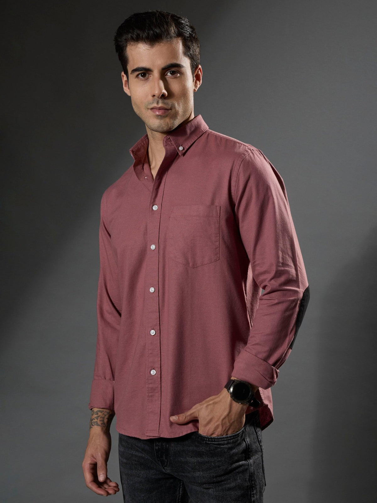Classy - Turkish Fit Shirt With Elbow Patch - Dusty Rose - Espanshe