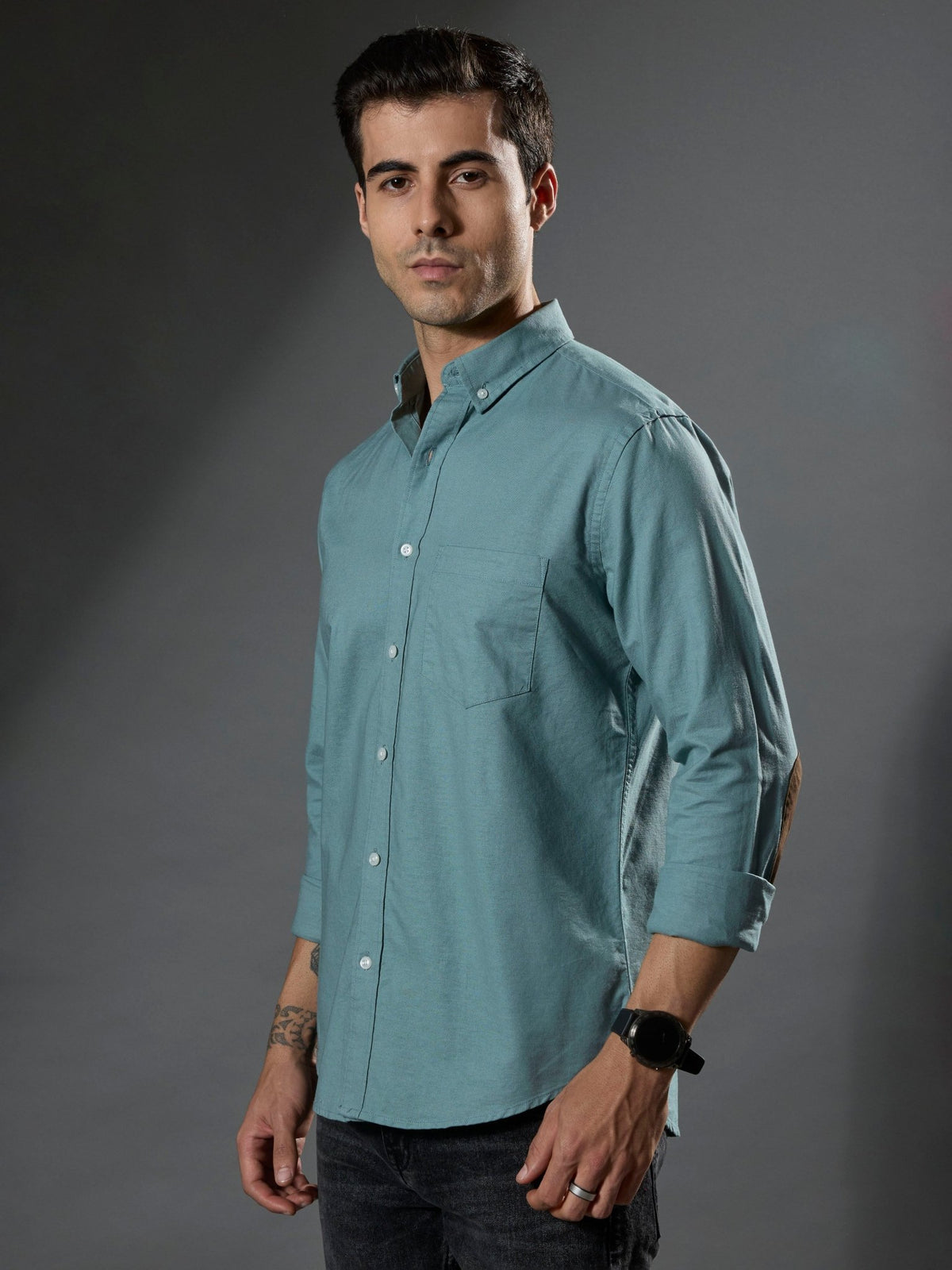 Classy - Turkish Fit Shirt With Elbow Patch - Aqua Green - Espanshe