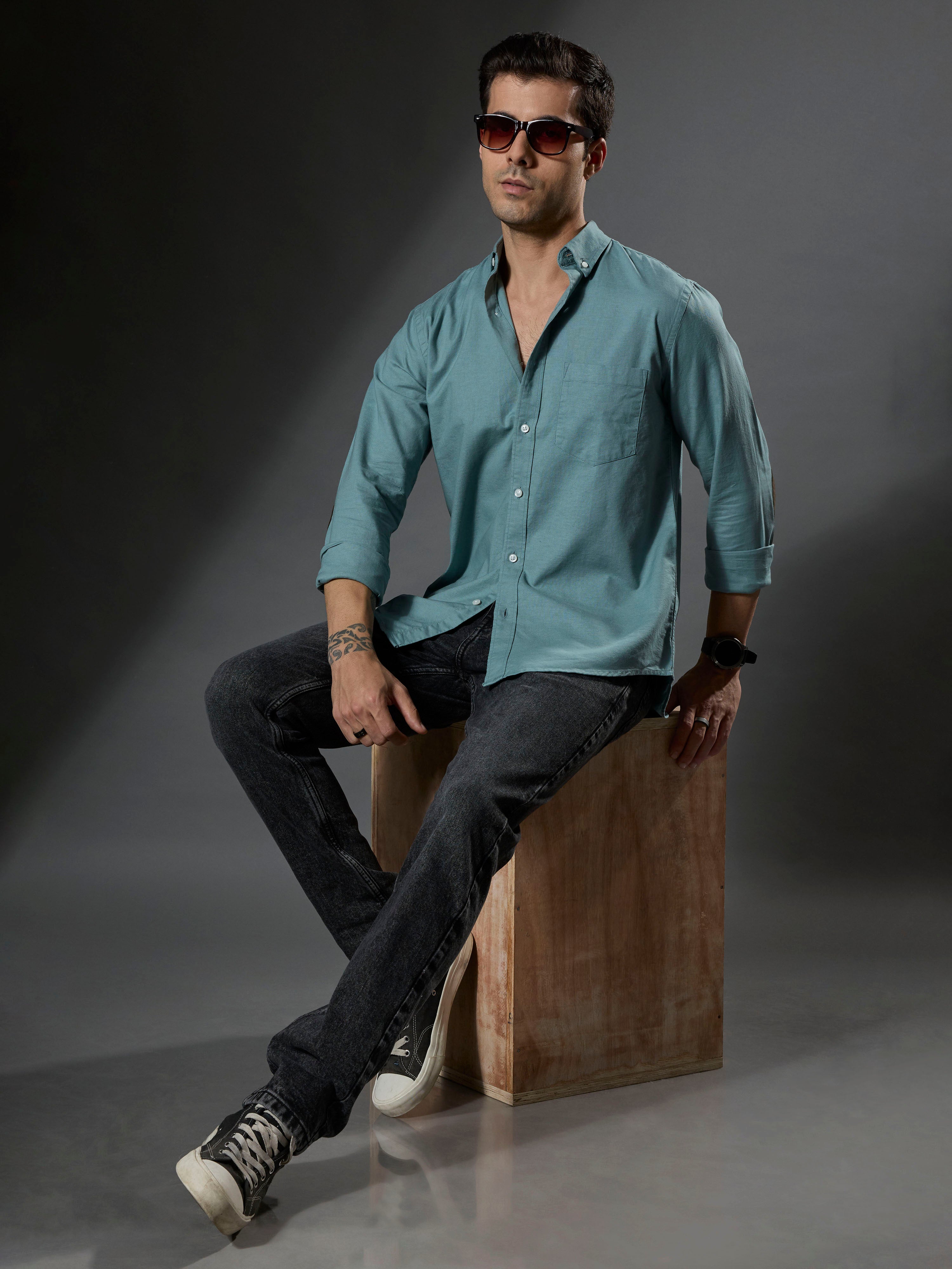 men's aqua green Turkish fit cotton shirt with breast pockets and elbow patches
men's shirt latest collection