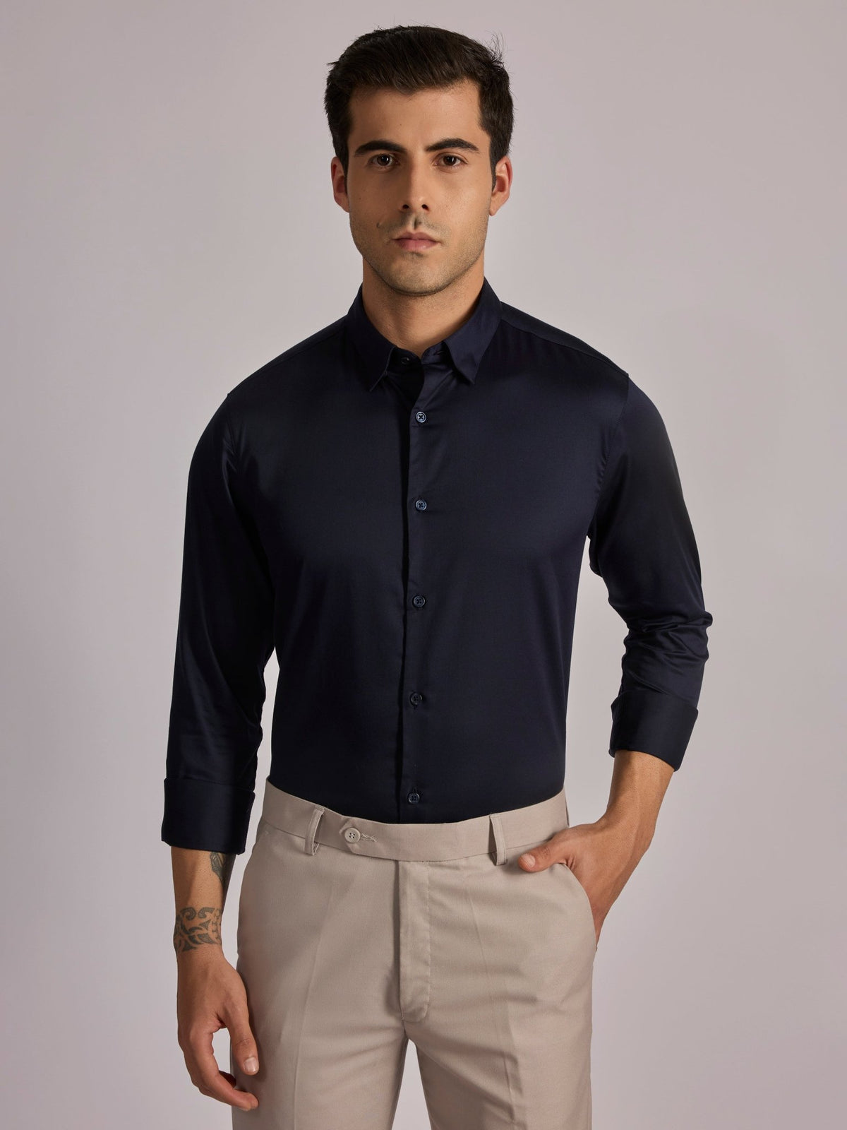 Yoyona - Turkish Fit Satin Shirt - Dark Navy - Espanshe