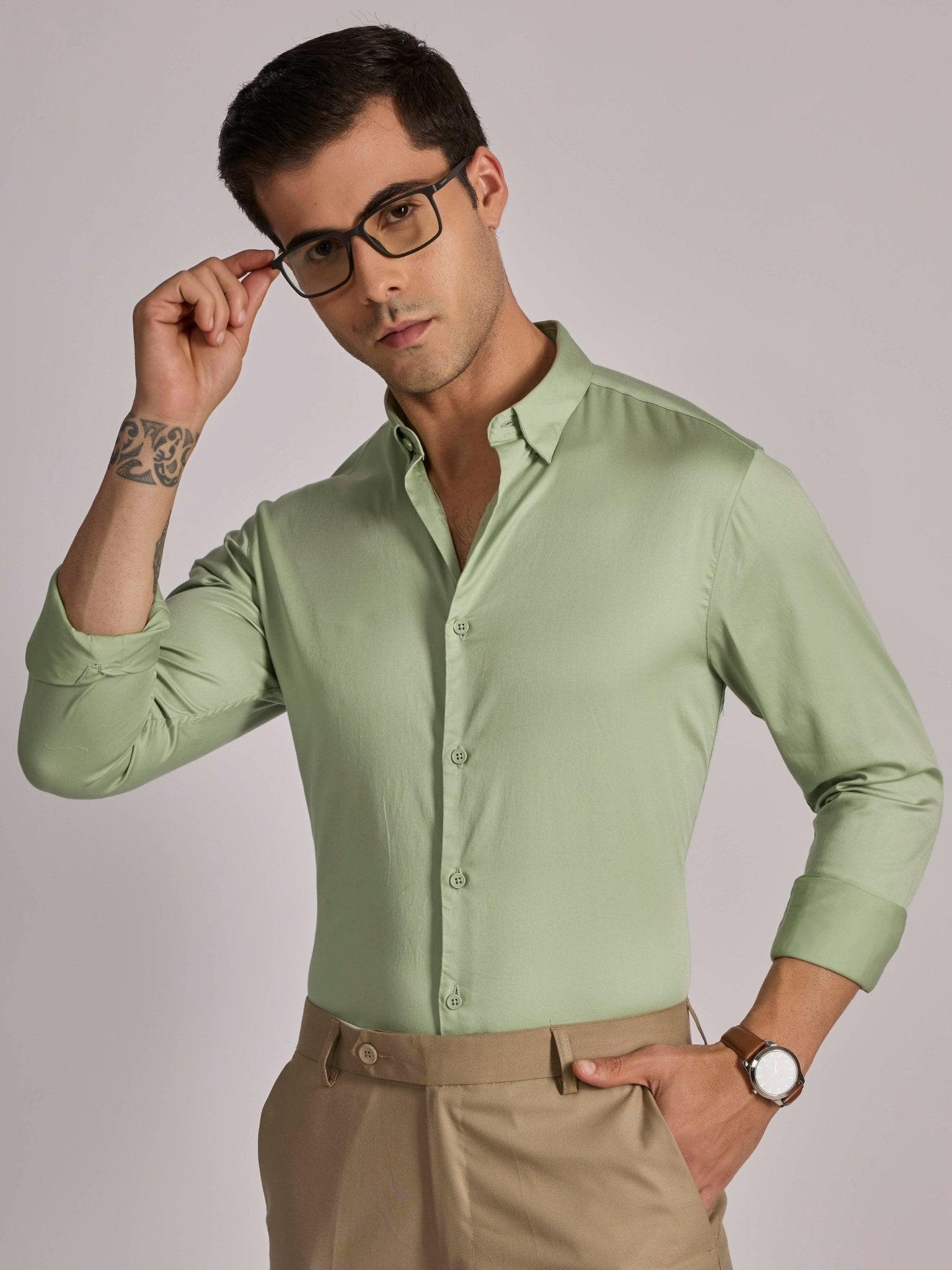 Yoyona - Turkish Fit Satin Shirt - Metalic Green - Espanshe