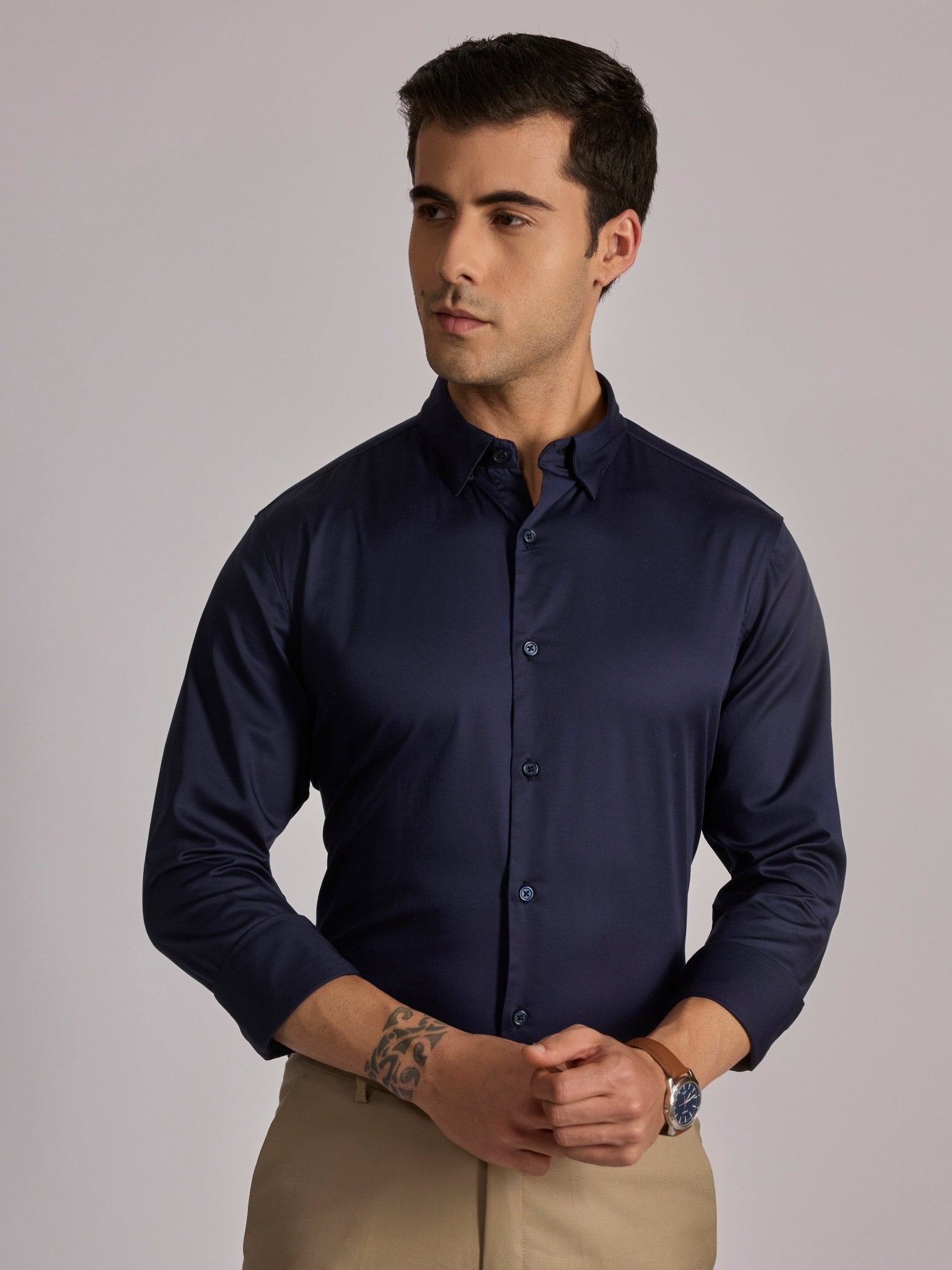 Yoyona - Turkish Fit Satin Shirt - Ink Blue - Espanshe