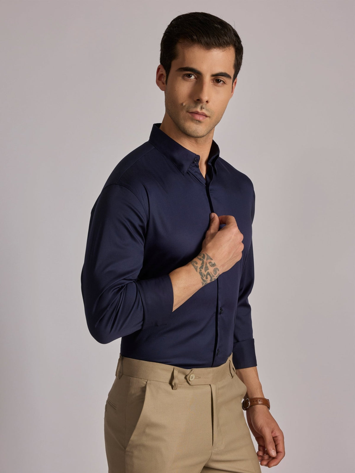 Yoyona - Turkish Fit Satin Shirt - Ink Blue - Espanshe