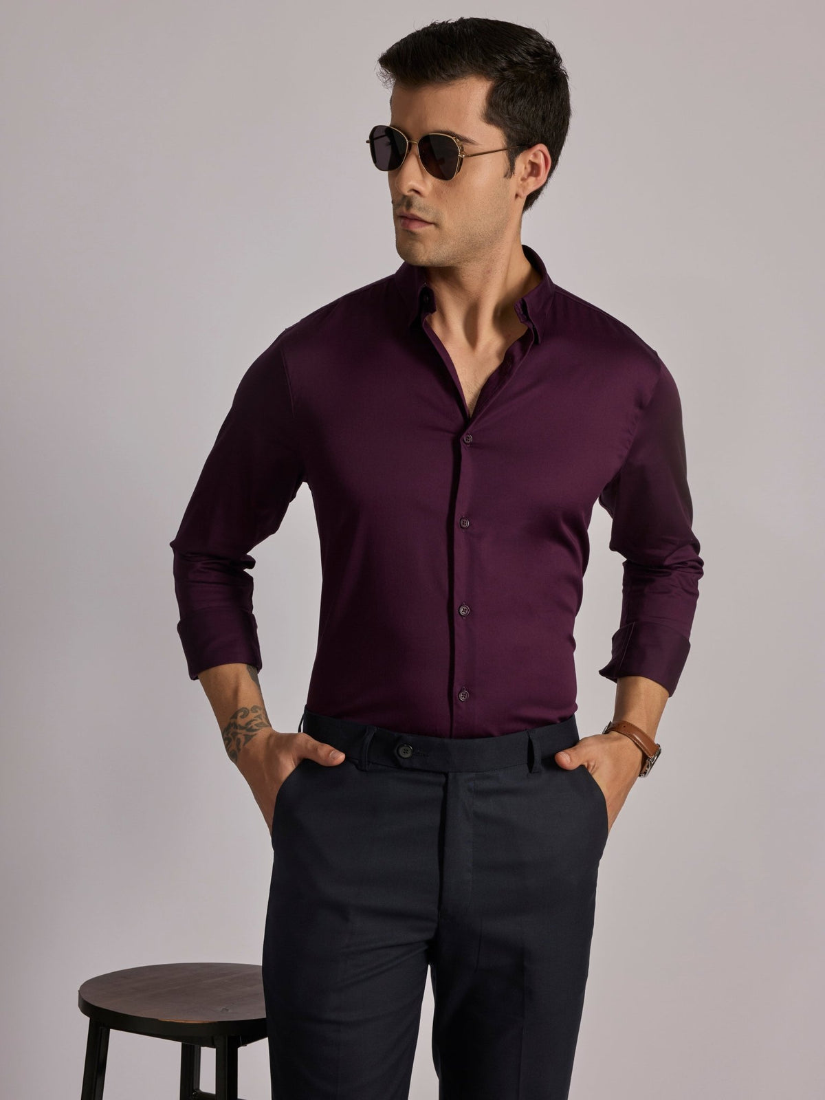 Yoyona - Turkish Fit Satin Shirt - Wine - Espanshe