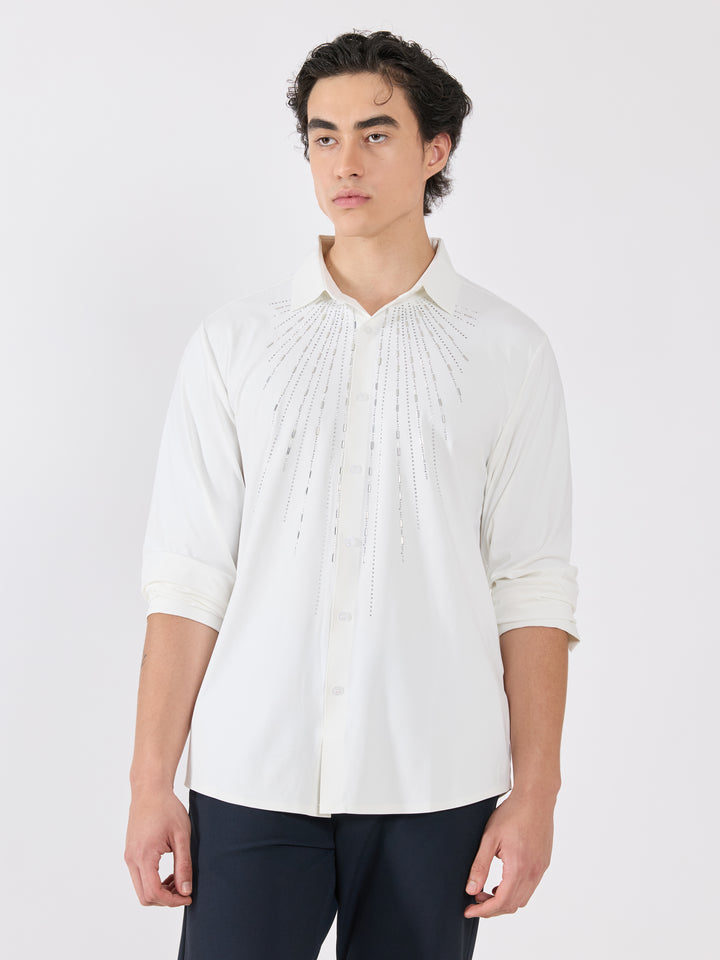 men's shirt -shimmer line Embellished with stone in white