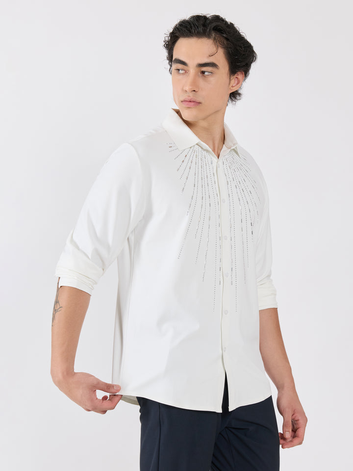men's shirt -shimmer line Embellished with stone in white