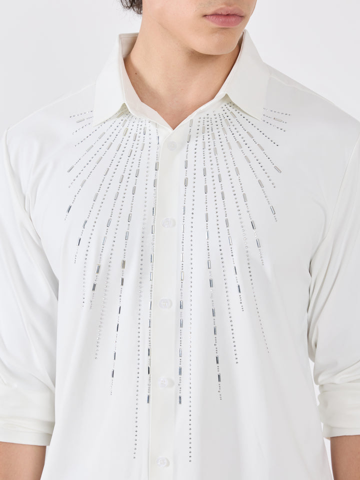 men's shirt -shimmer line Embellished with stone in white