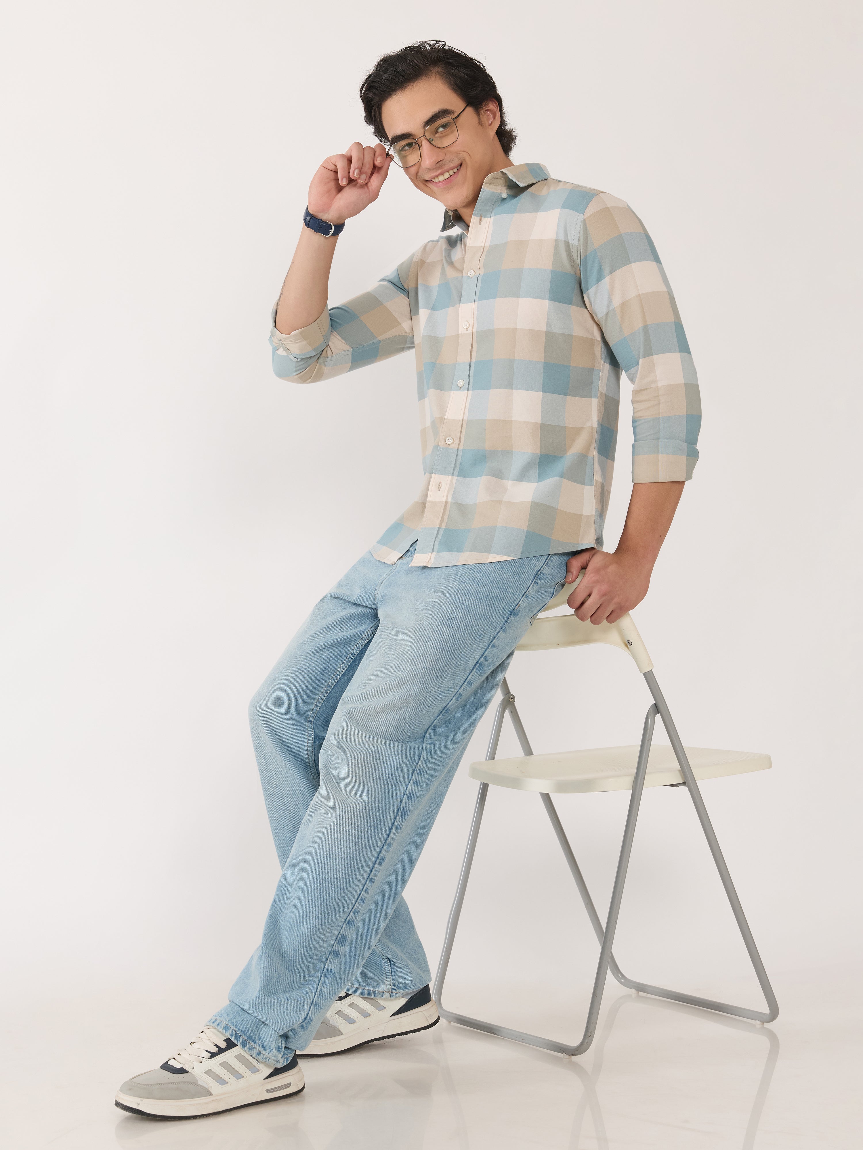 Men's Turkish Fit Checked Shirt - blue and beige