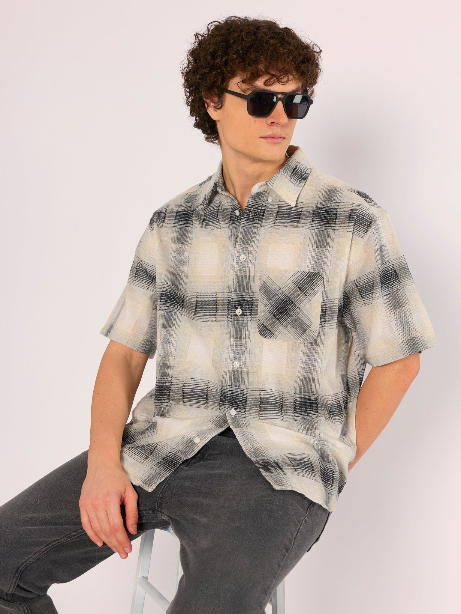 Orvar - Half Sleeve Checks Shirt - Black - Espanshe