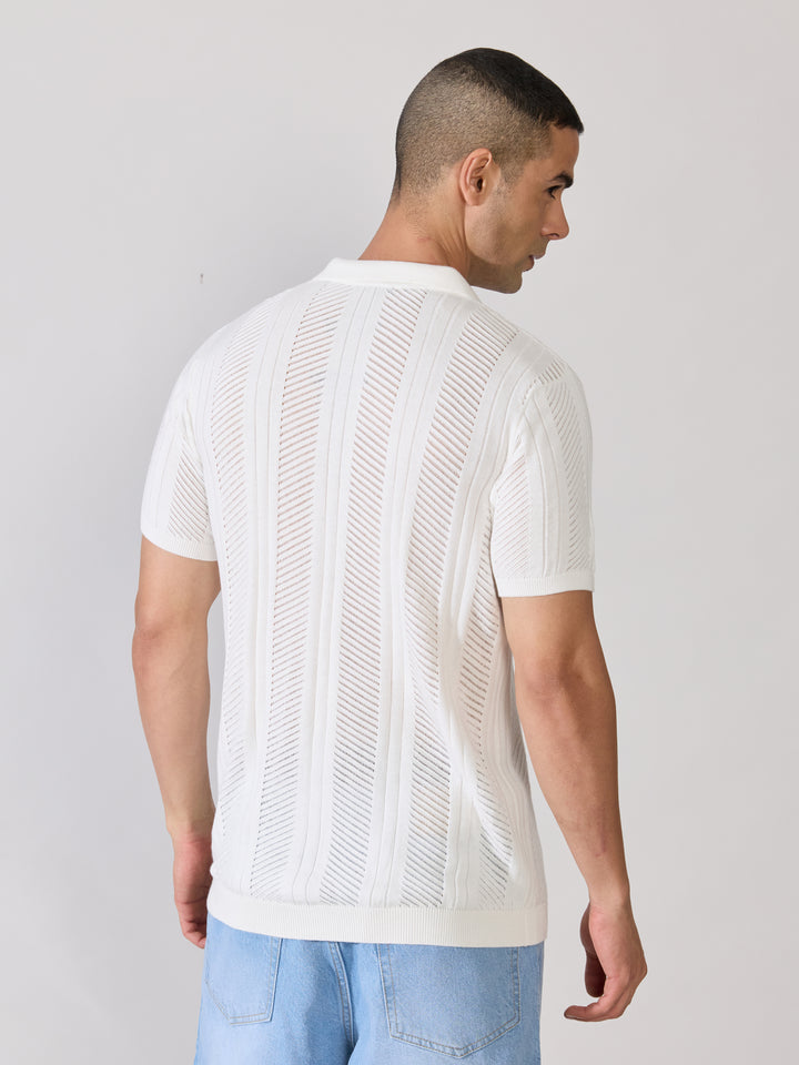 Men's Regular Fit Textured Open Knit Polo T-Shirt in White