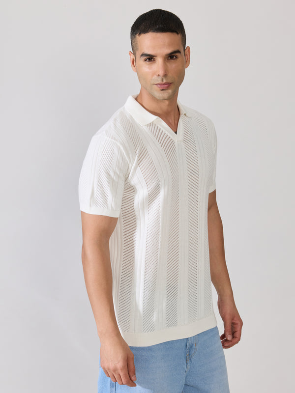 Men's Regular Fit Textured Open Knit Polo T-Shirt in White