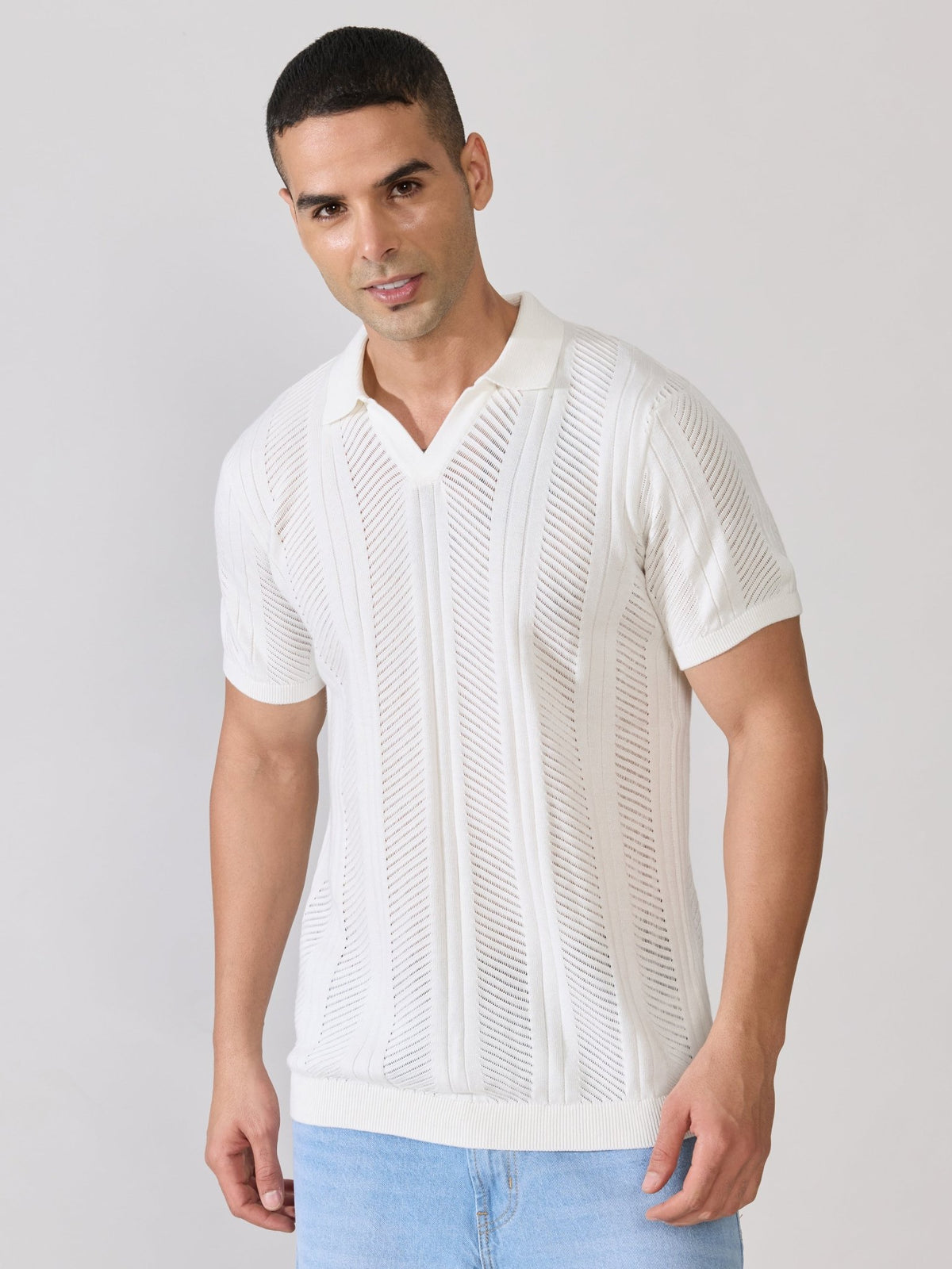 Kikeos-3 - Regular Fit Textured Open Knit Polo T-Shirt - White - Espanshe