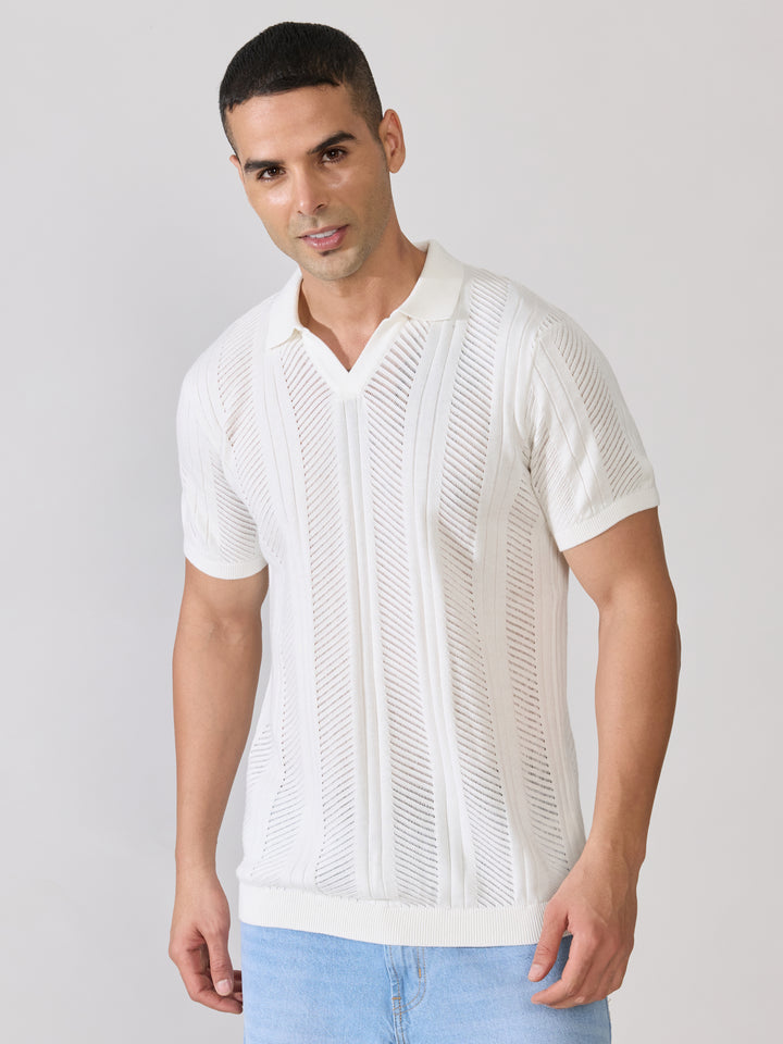 Men's Regular Fit Textured Open Knit Polo T-Shirt in White