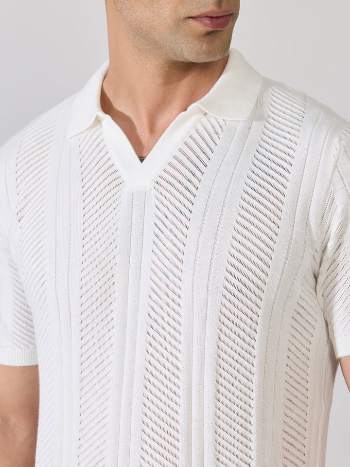 Men's Regular Fit Textured Open Knit Polo T-Shirt in White