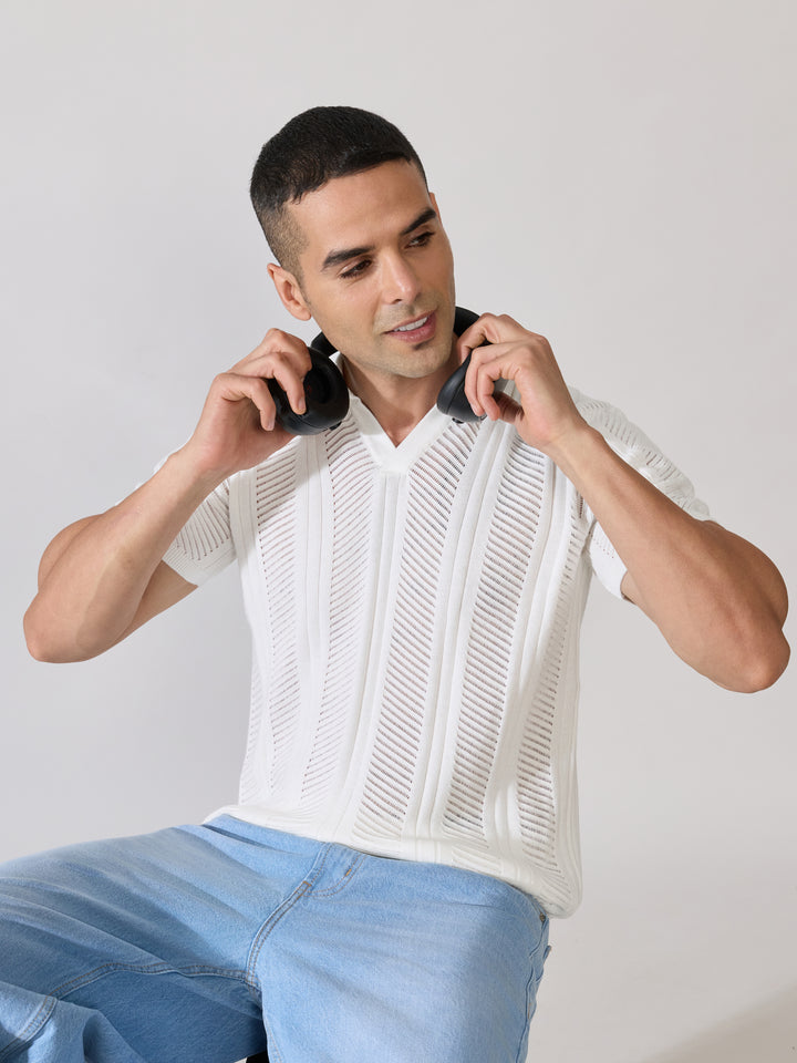 Men's Regular Fit Textured Open Knit Polo T-Shirt in White